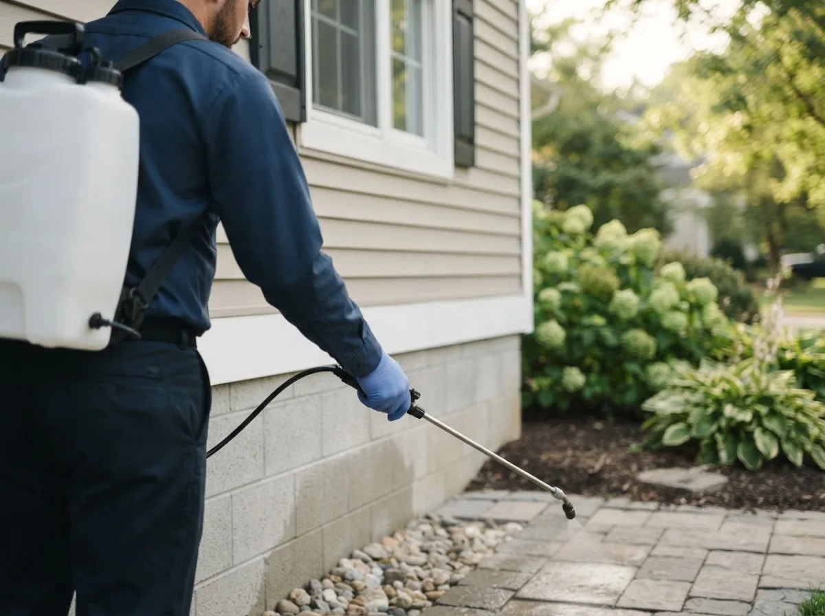Pest control technician inspecting a home in Weleetka, OK